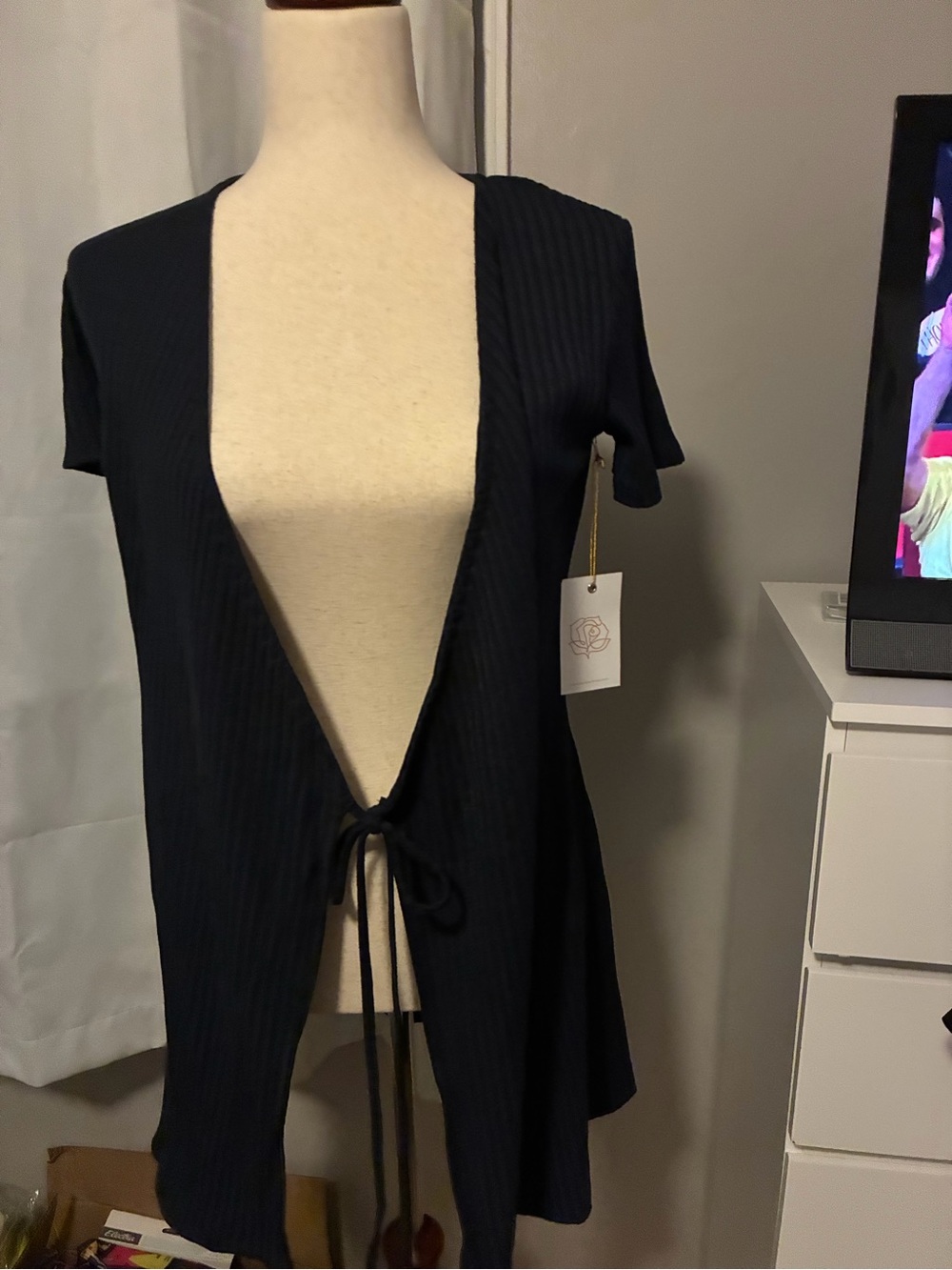 Women's Navy Short-Sleeve Tie-Front Cardigan